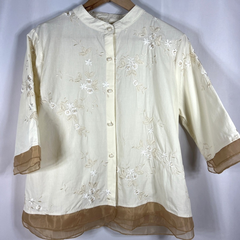Jin Zi Lai Women's Chinese Inspired Cream Floral Embroidered Blouse Size XL